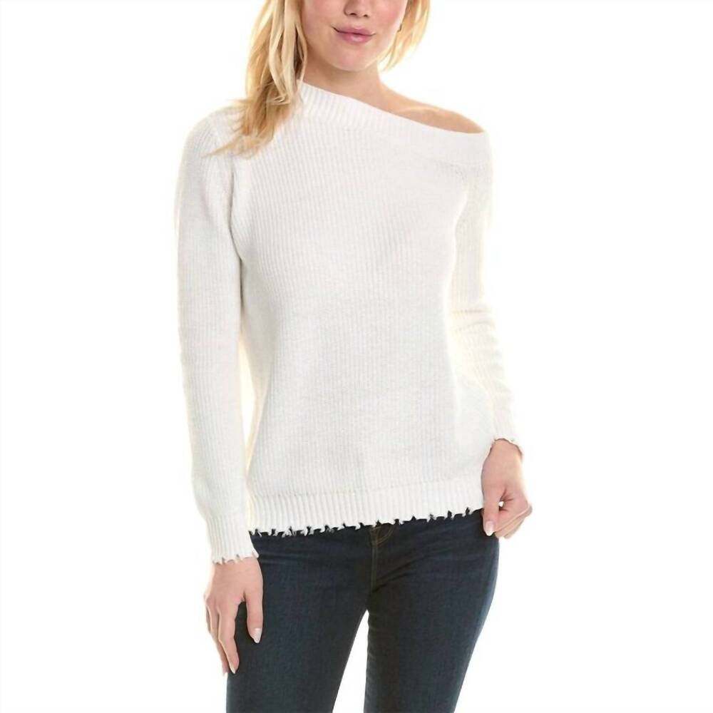 NEW MINNIE ROSE cotton shaker off-the-shoulder sweater top in white